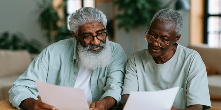 Elderly couple reviewing documents together at home for retirement planning and financial discussion lifestyle banner