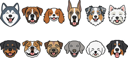 Cute Cartoon Dog Face Avatar Icon Set for Pet Store Branding, Animal Shelter Websites, and Sticker Pattern Designs © MinnatunAkter