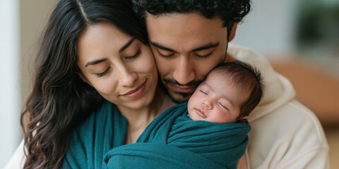 Naklejka na ściany i meble Newborn family portrait for parenting banner and healthcare background of close parents cuddling sleeping infant wrapped in teal fabric for bonding and care