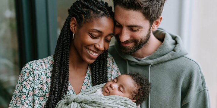 Happy interracial couple holding a sleeping baby outdoors near home for family lifestyle banner and newborn portrait background