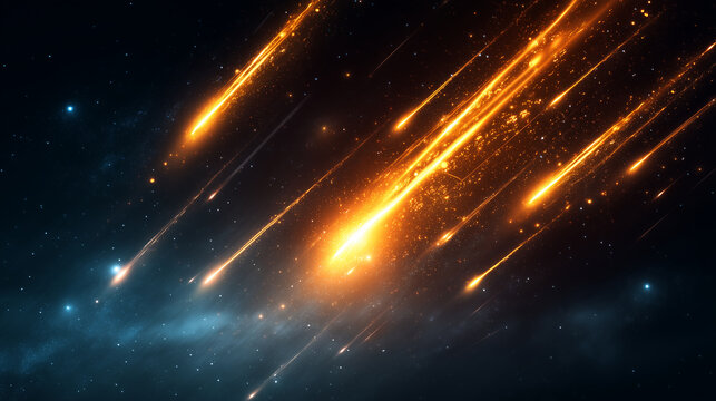 Fiery meteors falling through dark starry space with glowing trails, asteroid shower, cosmic background, astronomy science, celestial phenomenon and space exploration concept. fier