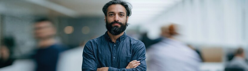 Fototapeta premium Confident professional business portrait of a bearded man in an open office background for corporate website banner and team profile