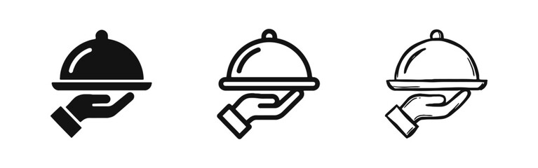 Fototapeta premium Hand holding serving tray with cloche icons set for catering, restaurant service, and hospitality industries.