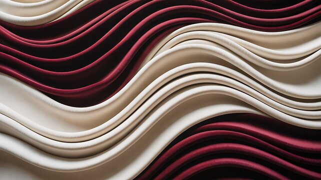 Abstract wavy pattern of deep red and off-white fabric layers with textile patte
