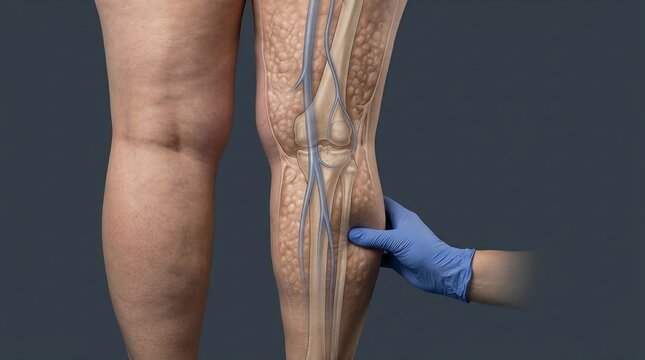 Medical illustration of lower limb swelling with an anatomical cross-section showing veins and bone structure during a clinical examination