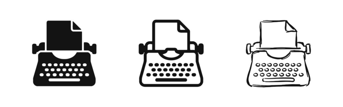 Vintage typewriter icons set with paper representing journalism, creative writing, and classical literature.