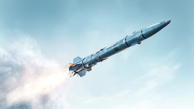 Guided missile in flight against pale sky with exhaust trail, military defense system, aerospace technology, strategic weapon, air security and tactical readiness concept. guided m