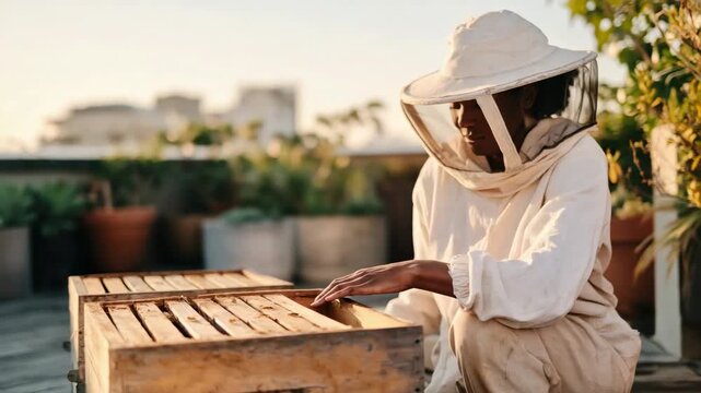 Beekeeping on a rooftop in the city during the evening with focus on hive management and honey collection