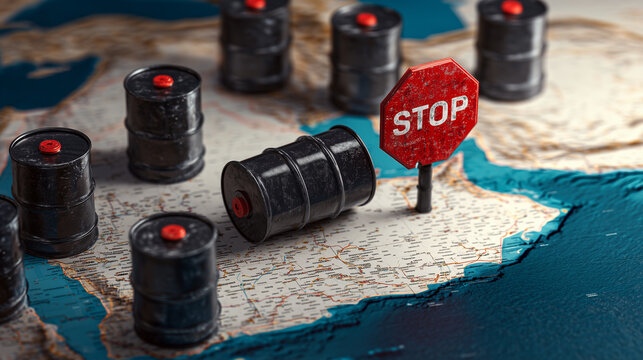 Oil barrels on satellite map with red stop sign, energy embargo, fuel supply crisis, oil trade restrictions, geopolitical risk, sanctions, energy security and global market disrupt