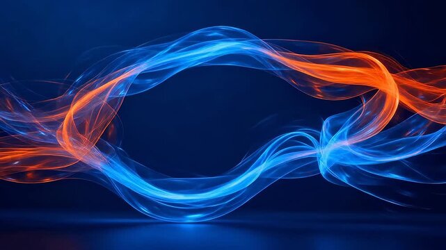 Blue and orange translucent fluid ribbons flowing and intertwining on dark background