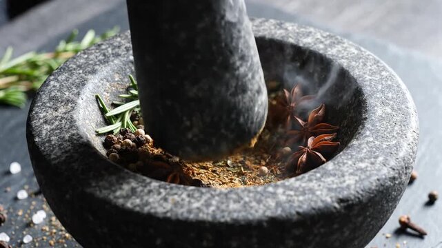 Close-up of spices being ground in a stone mortar and pestle