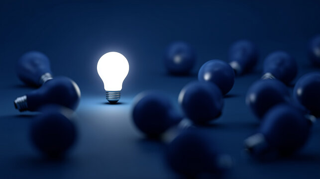 Bright illuminated light bulb surrounded by dark blue bulbs, standout idea, creative innovation, leadership vision, business success, inspiration and smart solution concept. bright