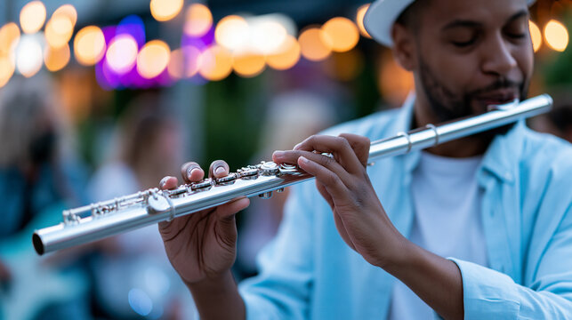 Musician performing on flute during an evening outdoor event in a lively city setting, urban busking culture, street performance concept, defocused background, with copy space