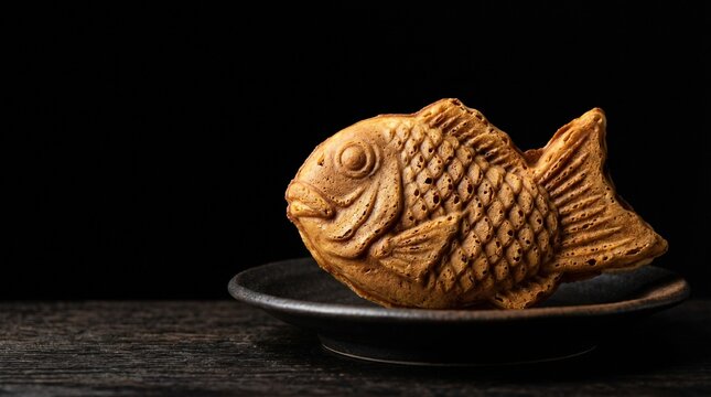 漆黒の背景に美しく佇む日本の伝統和菓子、たい焼き。パリッと香ばしく焼き上げられた生地の質感が、ドラマチックな陰影で浮かび上がるスイーツのクローズアップ写真