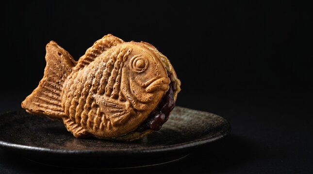 漆黒の背景に美しく佇む日本の伝統和菓子、たい焼き。パリッと香ばしく焼き上げられた生地の質感が、ドラマチックな陰影で浮かび上がるスイーツのクローズアップ写真