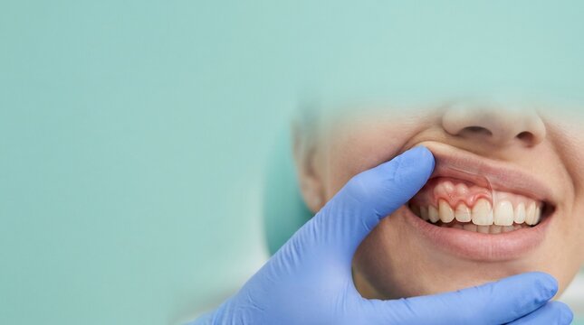 Close-up of an oral examination showing inflamed red gums and white teeth with a gloved hand lifting the upper lip