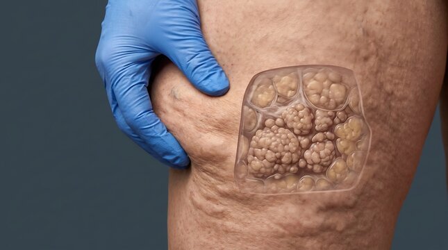 Medical illustration of human skin examination showing a 3D cross section of subcutaneous adipose fatty tissue cells and skin texture