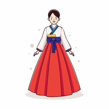 Cartoon Woman in Traditional Korean Hanbok Dress