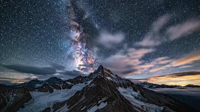 Majestic mountain peaks under a starry night sky with milky way galaxy