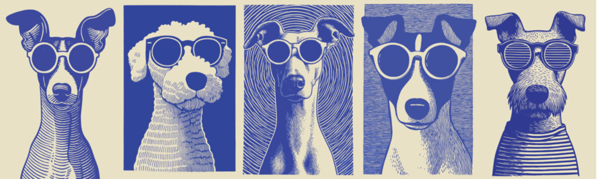 Blue illustration of cool dogs wearing summer sunglasses
