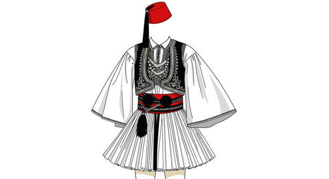 Traditional Greek Fustanella Uniform with Red Hat