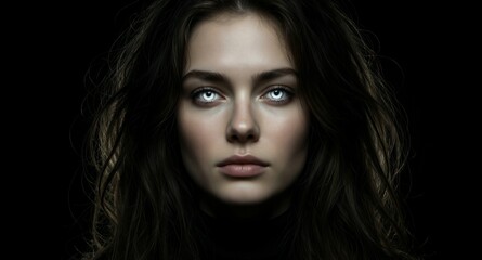 Fototapeta premium Mysterious Woman with Intense Blue Eyes and Dark Hair Against Black Background