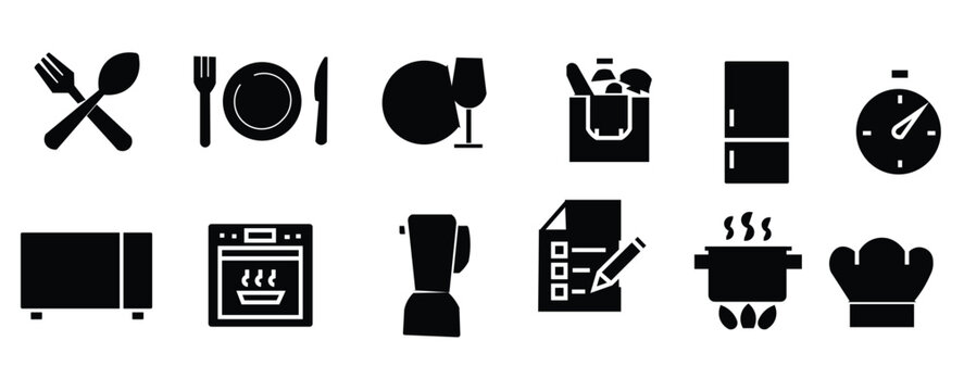 Minimalist kitchen and cooking icon set, black solid food preparation symbols, 12 vector silhouettes for restaurant menus and culinary apps