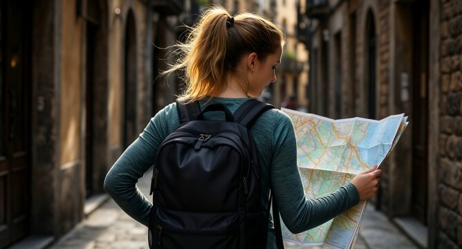 Traveler with backpack and map navigating narrow European alleyway
