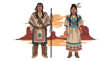 Obraz premium Native American Couple in Traditional Attire Standing in Desert Landscape