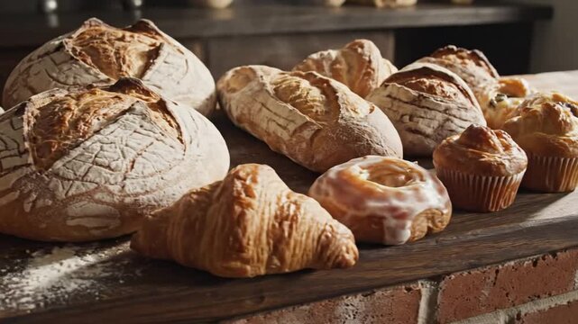Assorted fresh baked bread and pastries on rustic kitchen counter