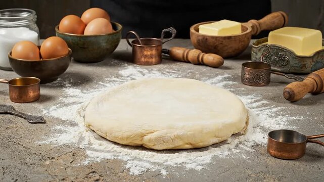 Rustic baking scene with dough, eggs, and butter on kitchen counter