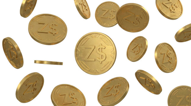 Floating gold coins with the zimbabwean dollar z$ symbol, isolated against a solid black background, representing currency and finance