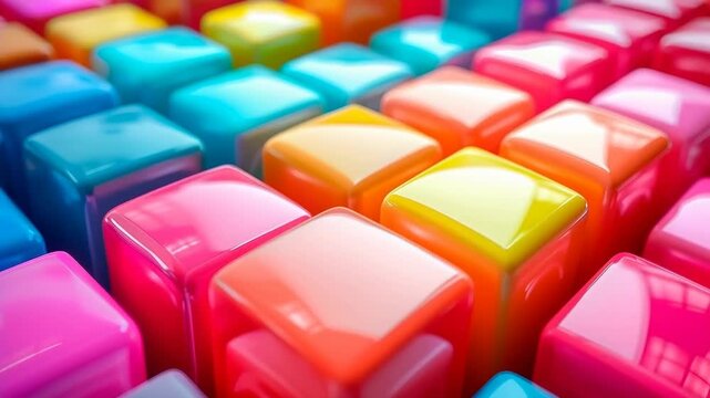 Abstract 3D animation of colorful glossy cubes rising and falling in a dynamic wave pattern. Vibrant geometric background, ideal for technology, digital design, and creative presentation intros.