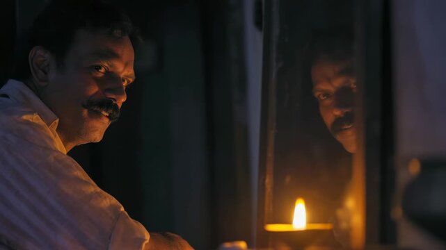 Man smiles by candlelight in evening setting showcasing quiet moments and reflections in a home at night