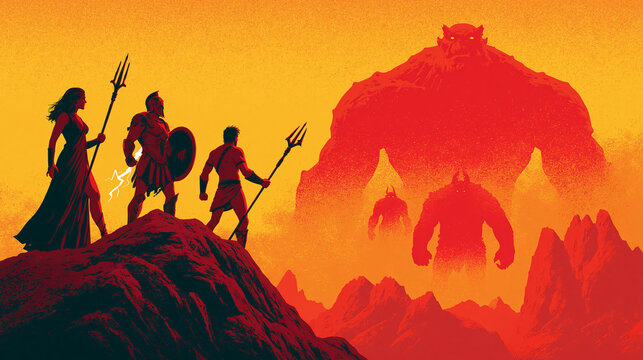 Epic mythological illustration of the Titanomachy featuring heroic Greek figures and gods standing on a rocky peak while facing off against massive red monstrous titans emerging from a fiery landsc...