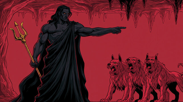 Dramatic Illustration of Hades the Greek God of the Underworld Standing in a Crimson Cave with his Three-Headed Hound Cerberus While Holding a Golden Trident and Pointing Forward with Authority