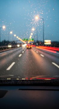 Driving in the Rain - A Moody Highway Scene with Blurred Lights.