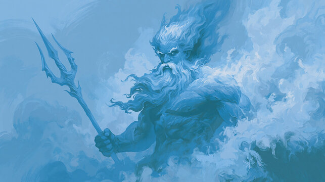 A majestic digital painting of Poseidon, the Greek god of the sea, holding a large trident amidst crashing ocean waves in various shades of blue, symbolizing power and ancient mythology.