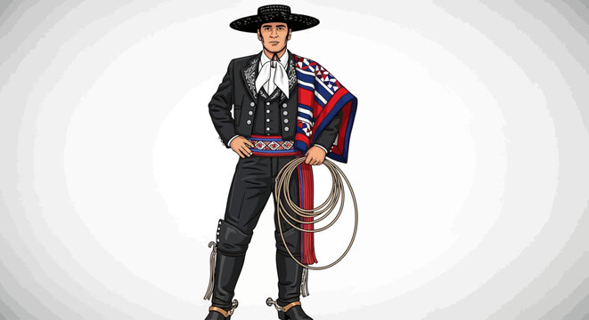 Man in traditional Mexican charro suit with rope