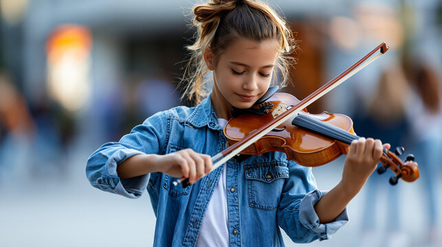 Young girl playing violin while busking on a city street, talented youth musician, street performance and urban culture concept, defocused background, with copy space