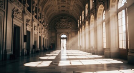 Obraz premium Elegant Hallway with Sunlight and Architectural Details in Historic Building.