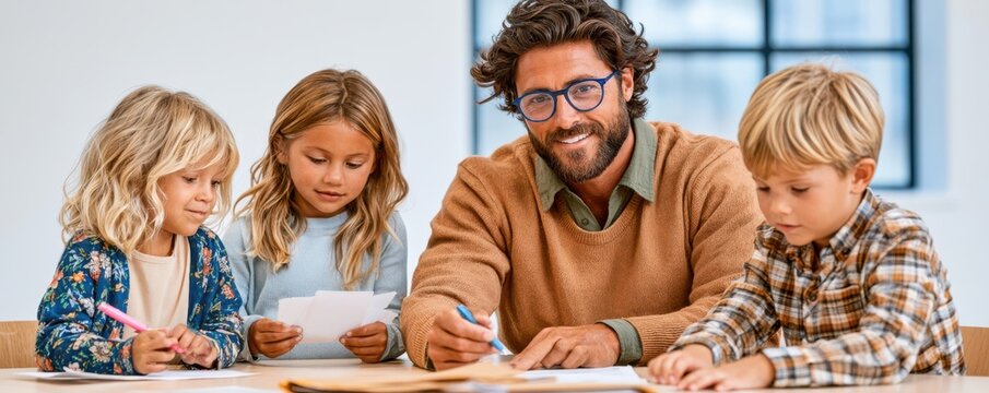 Male teacher helping young students in a bright classroom during hands-on learning and group activity
