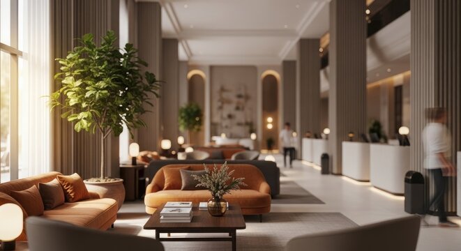 Elegant Hotel Lobby Interior Design with Modern Furniture and Decor.
