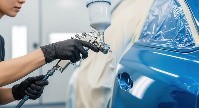 Asian woman in black glove spray painting blue car panel in workshop, auto body repair and professional refinishing