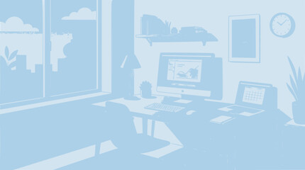 Fototapeta premium Modern Home Office Interior with Computer, Laptop, and City View
