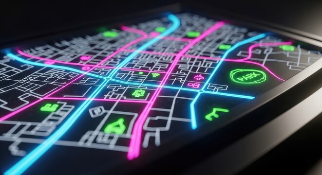 Futuristic Navigation System Displaying City Routes.