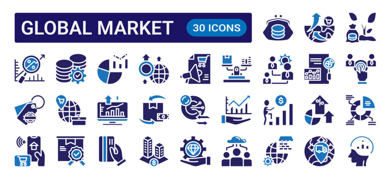 Global market glyph icon set with dual color style featuring international trade, finance, investment, economy, analytics, and worldwide business concepts.