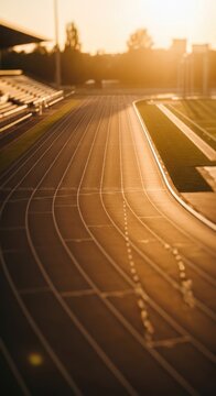 Golden Hour Track and Field Stadium with Dramatic Sunlight and Shadows.