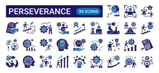 Fototapeta premium Perseverance glyph icon set with dual color style featuring motivation, resilience, determination, growth, leadership, achievement, and personal development concepts
