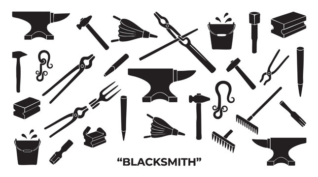 Blacksmith tools collection including anvil hammer tongs bellows and other metalworking equipment.